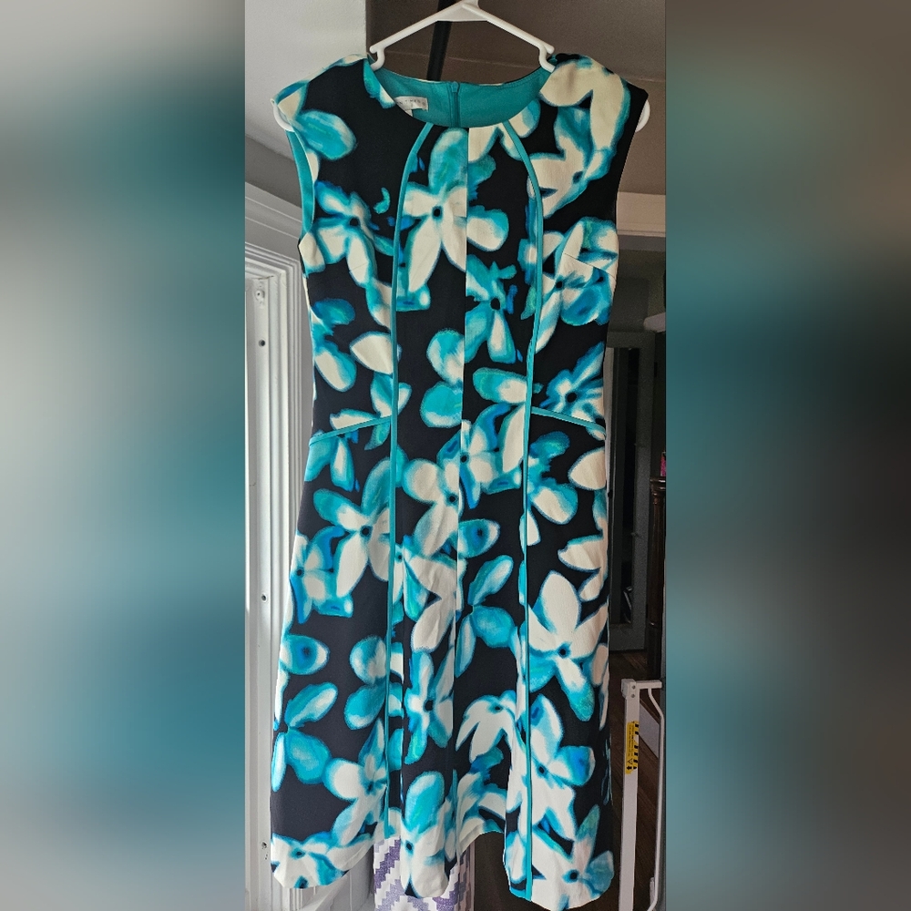 London Times Size 2 Aqua Black White Sleeveless Dress